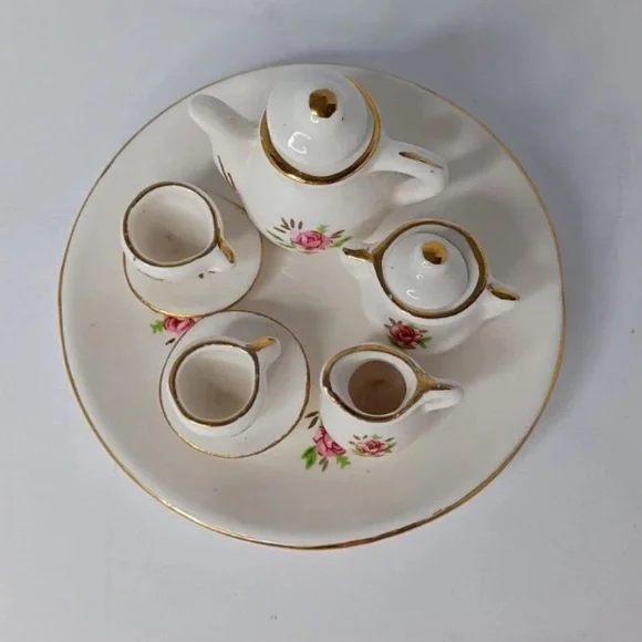 Porcelain Miniture Tea Set with Plate, Teapot, Creamer, Sugar Dish, and 2 Cups - Picture 2 of 6